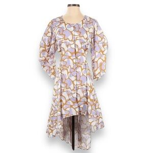 House of Raiment Hi Low Puff Sleeve Cotton Purple Brown Abstract print Dress NWT
